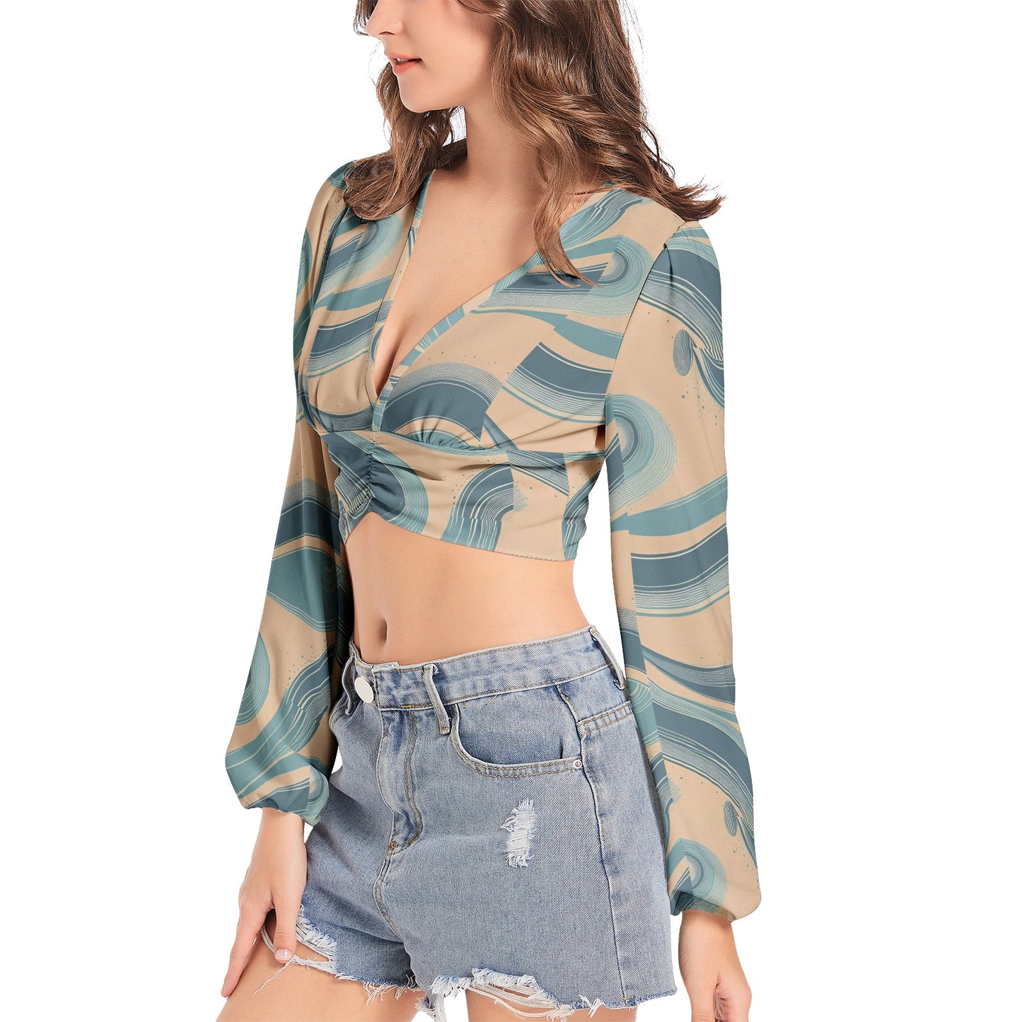 Women's Deep V-Neck Lantern Sleeve Crop Top