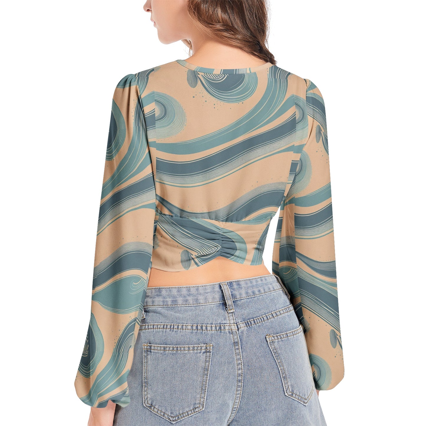 Women's Deep V-Neck Lantern Sleeve Crop Top