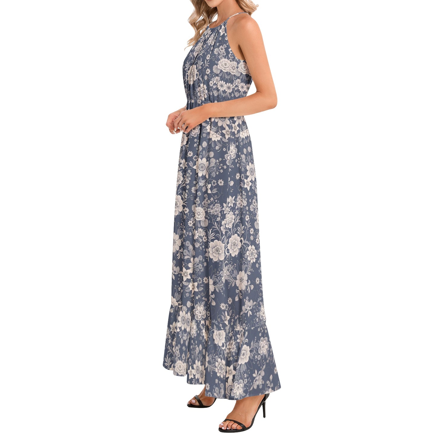 Ruffle Hem Halter Neck Maxi Dress