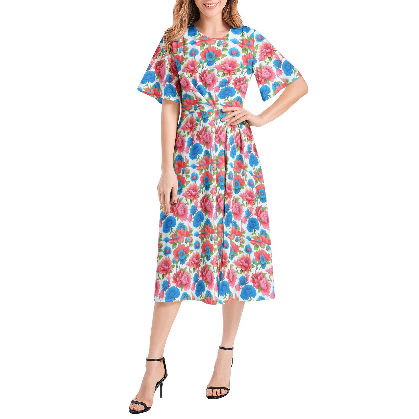 Short Sleeve Waist Folding Midi Dress