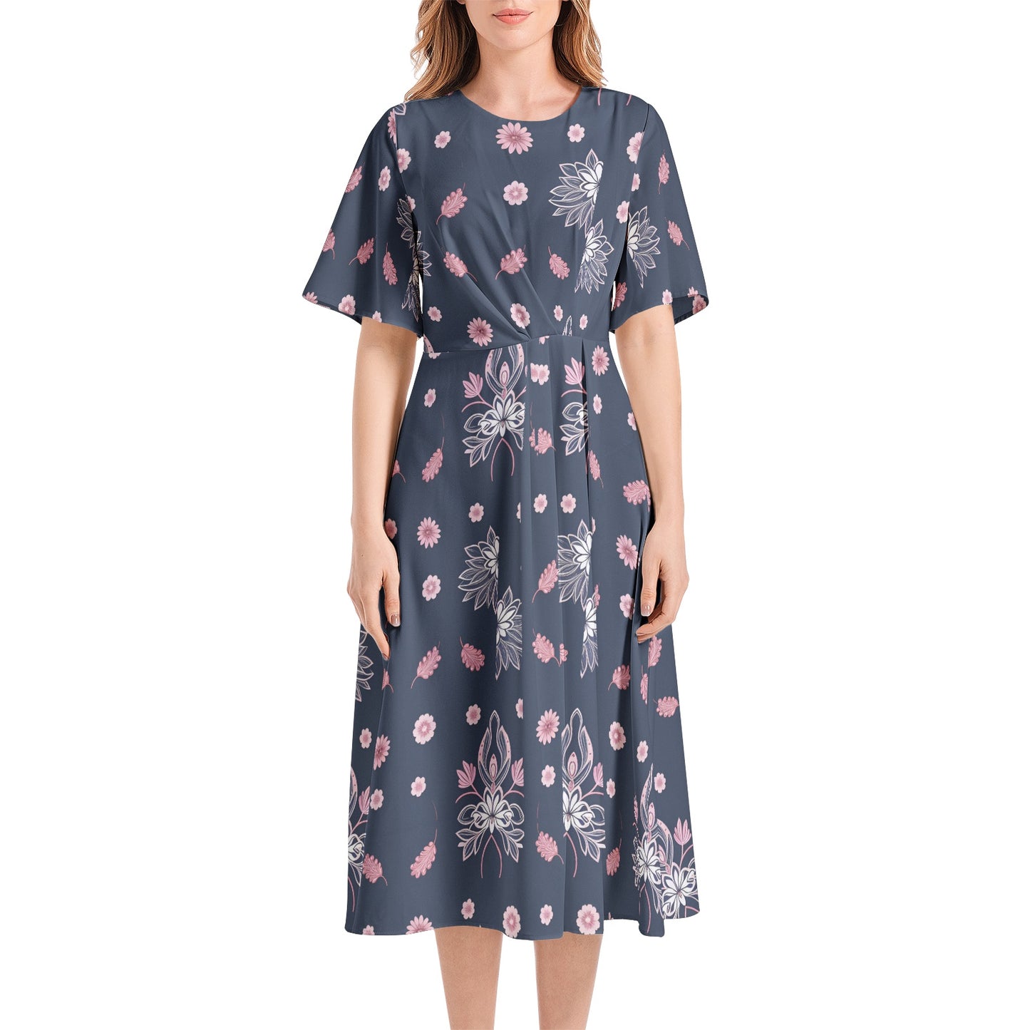 Short Sleeve Waist Folding Midi Dress