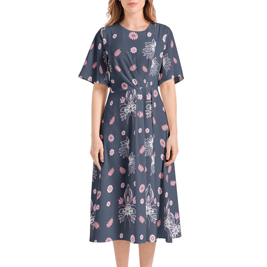 Short Sleeve Waist Folding Midi Dress