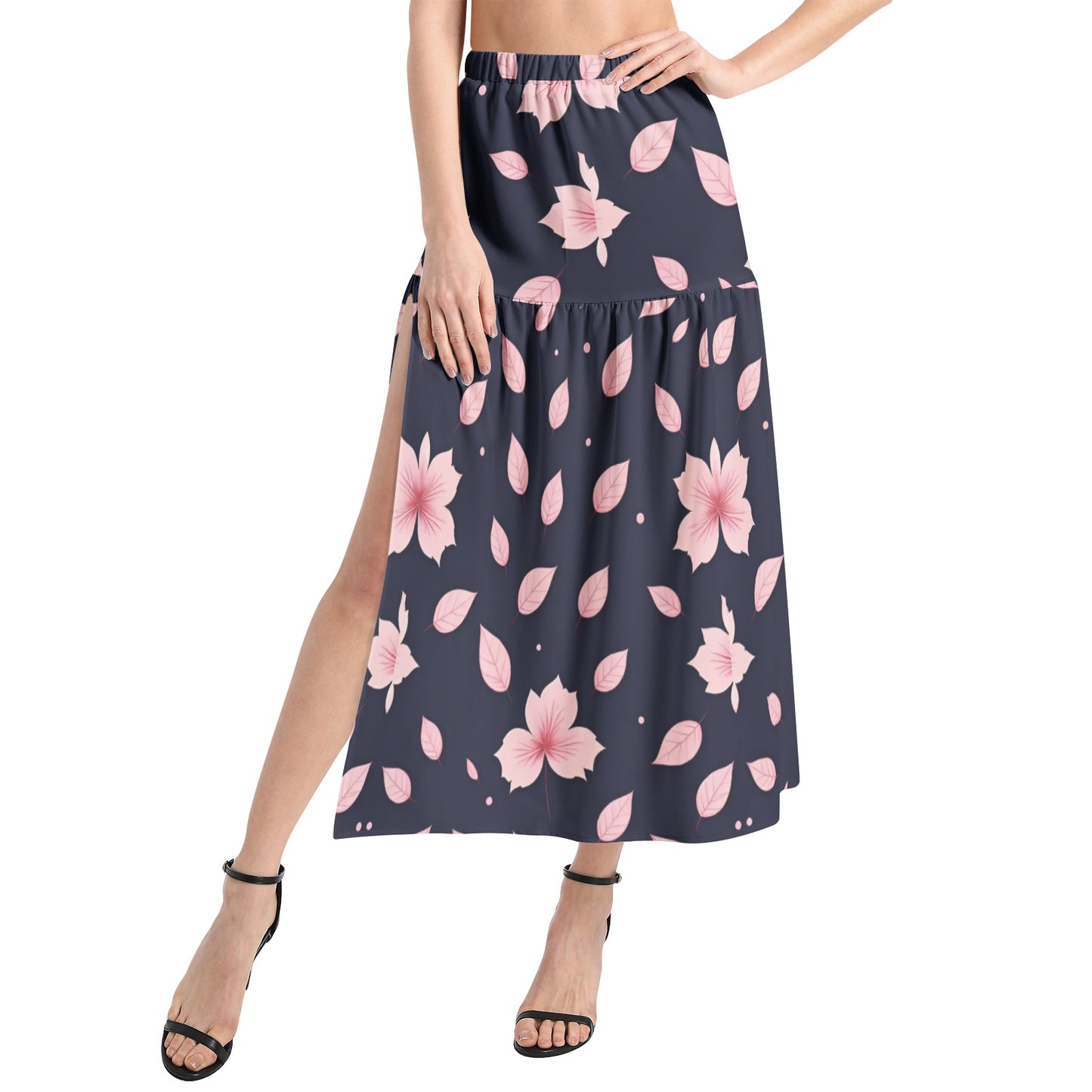 Elastic Waist Ruffle Slit Hem Skirt