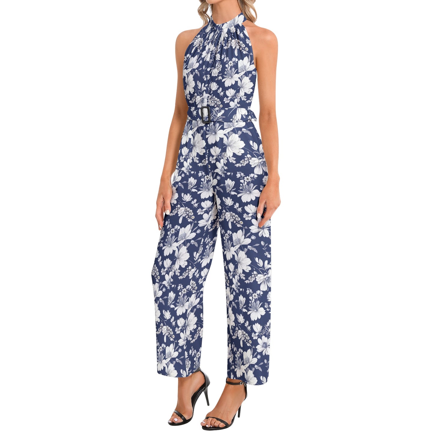 Halter Neck Buckle Belted Jumpsuit