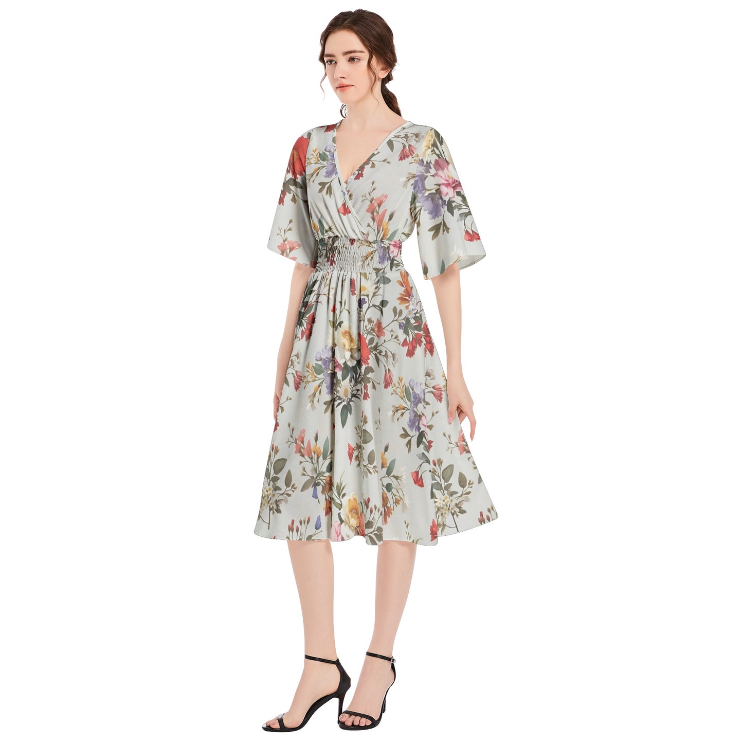 Butterfly Sleeve Shirred High Waist A Line Midi Dress