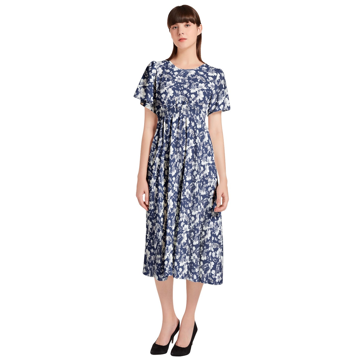 Short Sleeve Shirred Waist Midi Dress