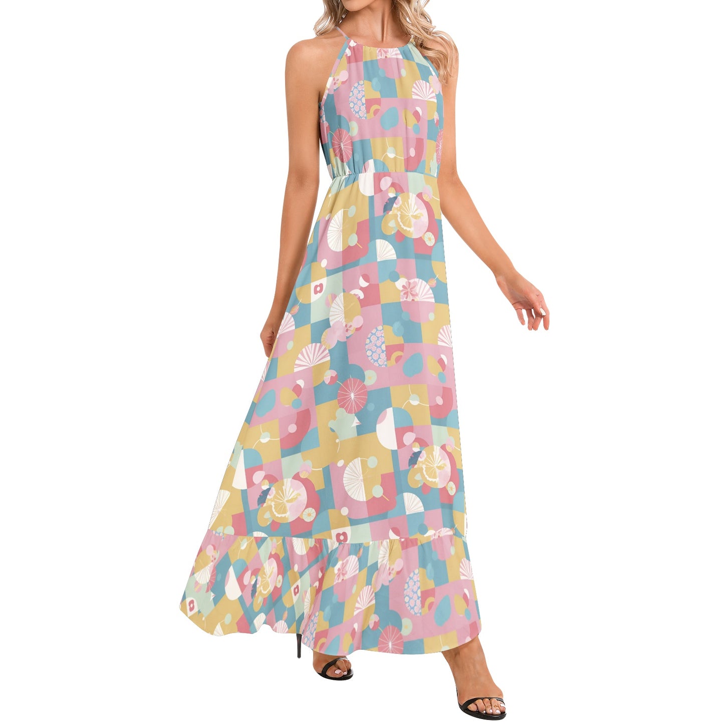 Ruffle Hem Halter Neck Maxi Dress