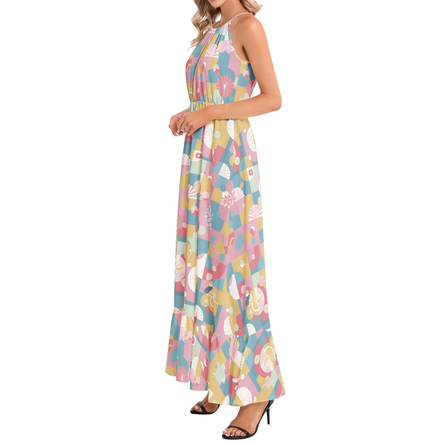 Ruffle Hem Halter Neck Maxi Dress