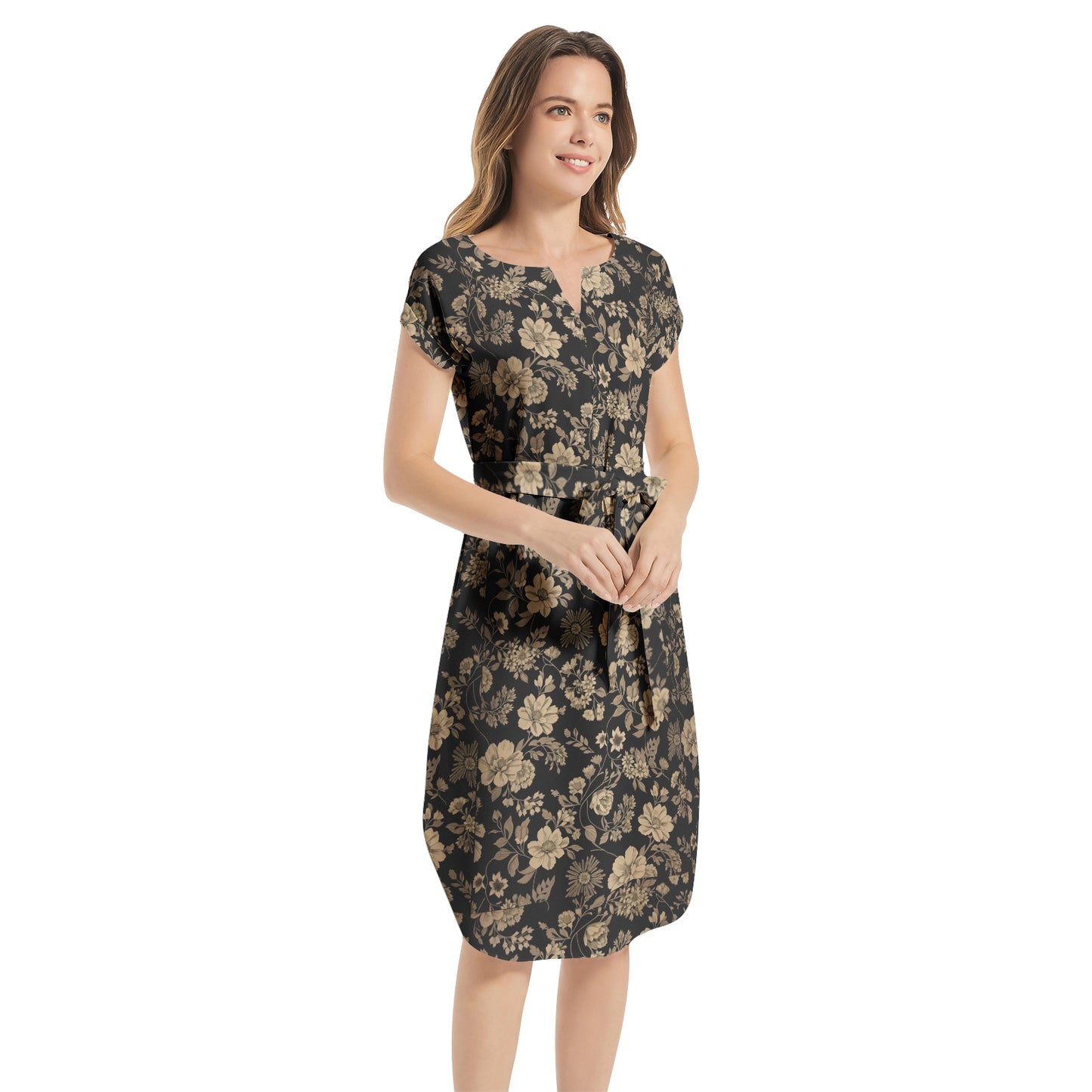 Notched Neck Belted Dress