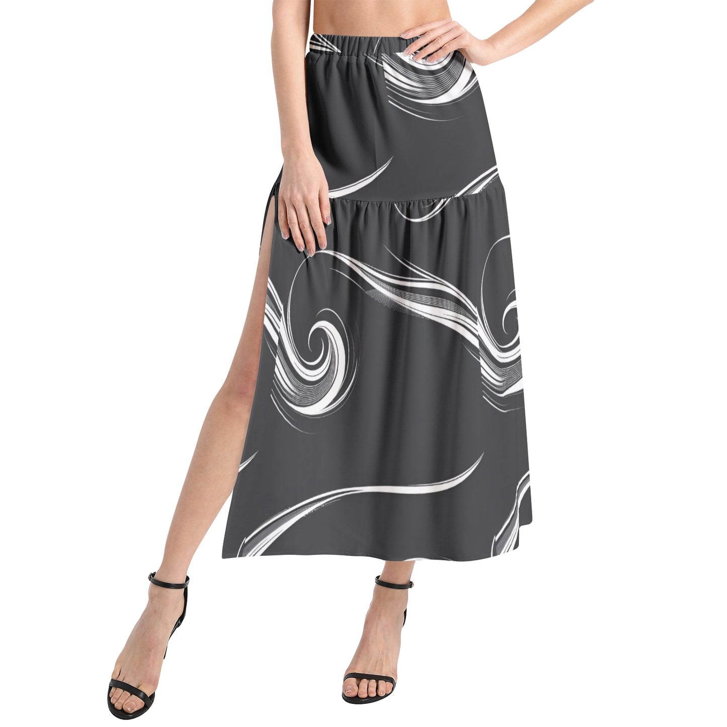 Elastic Waist Ruffle Slit Hem Skirt