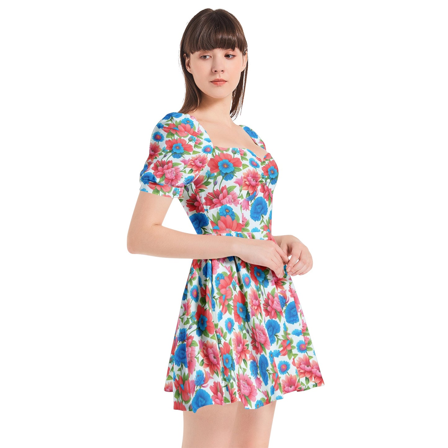 Puff Sleeve Sweetheart Neck Short Dress