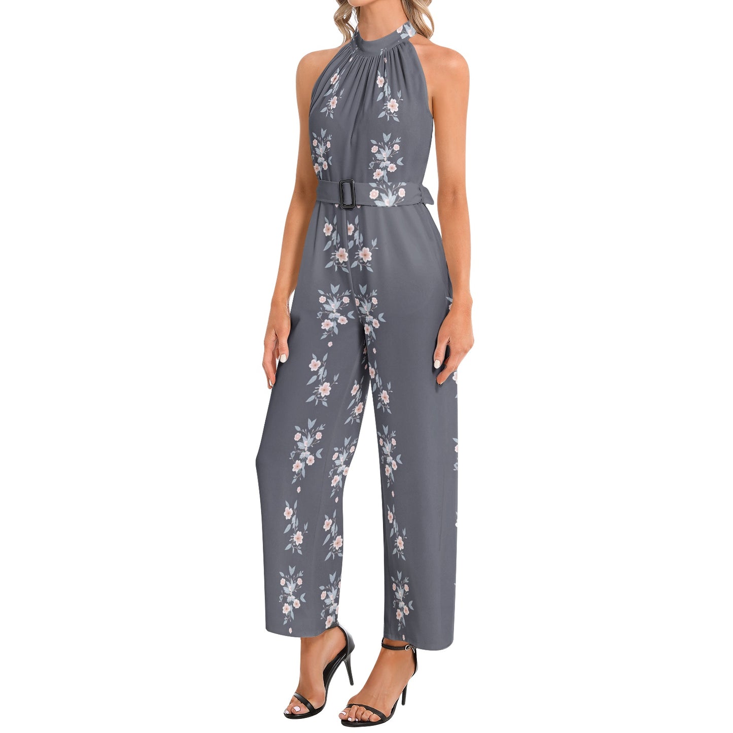 Halter Neck Buckle Belted Jumpsuit