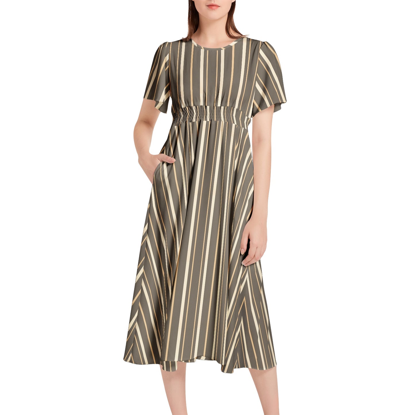 Short Sleeve Shirred Waist Midi Dress