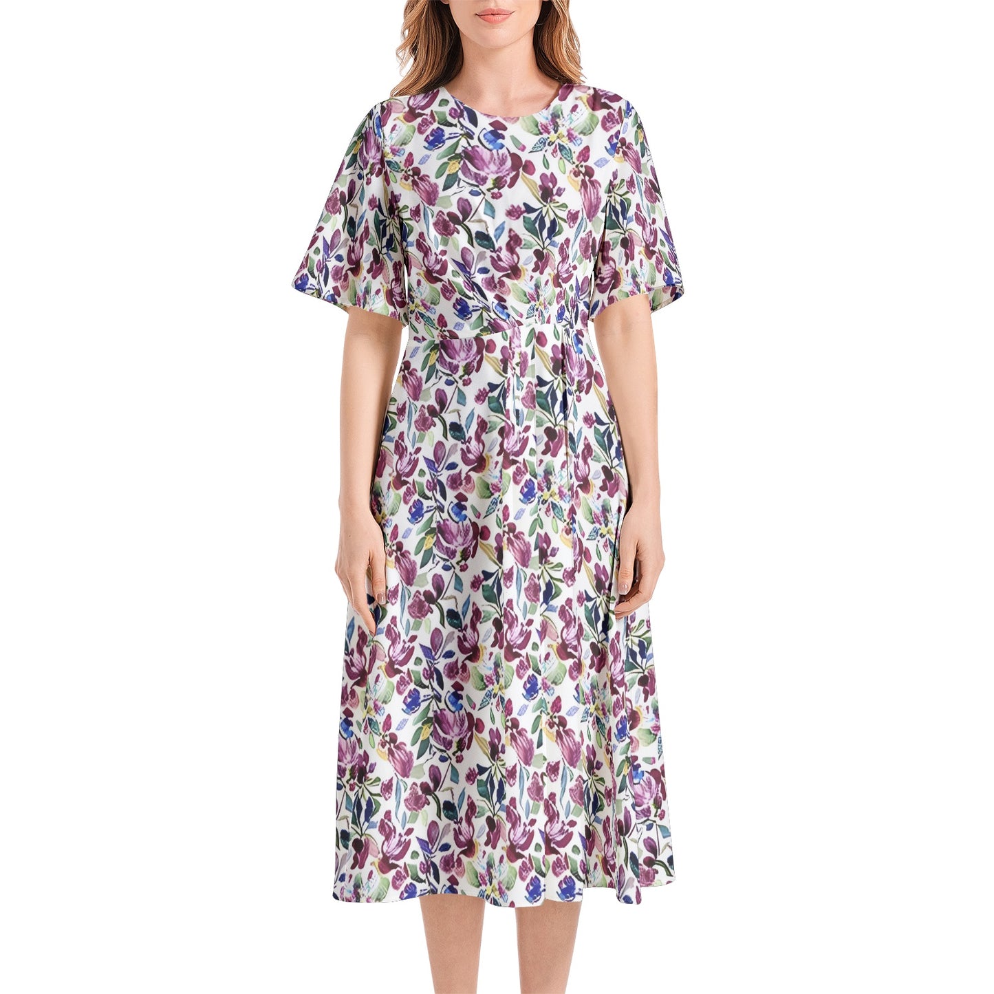 Short Sleeve Waist Folding Midi Dress