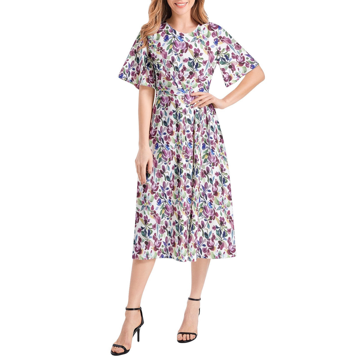 Short Sleeve Waist Folding Midi Dress