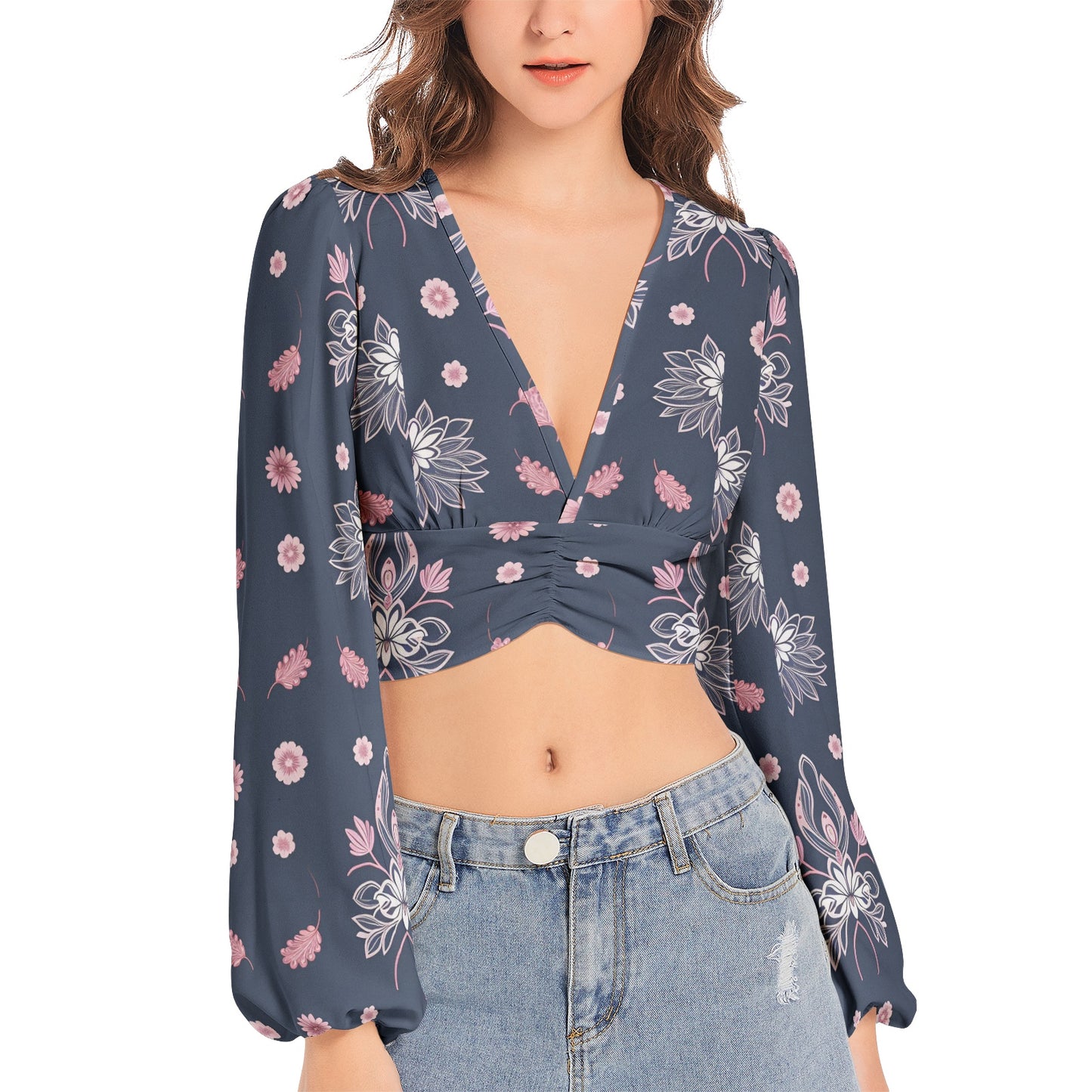 Women's Deep V-Neck Lantern Sleeve Crop Top