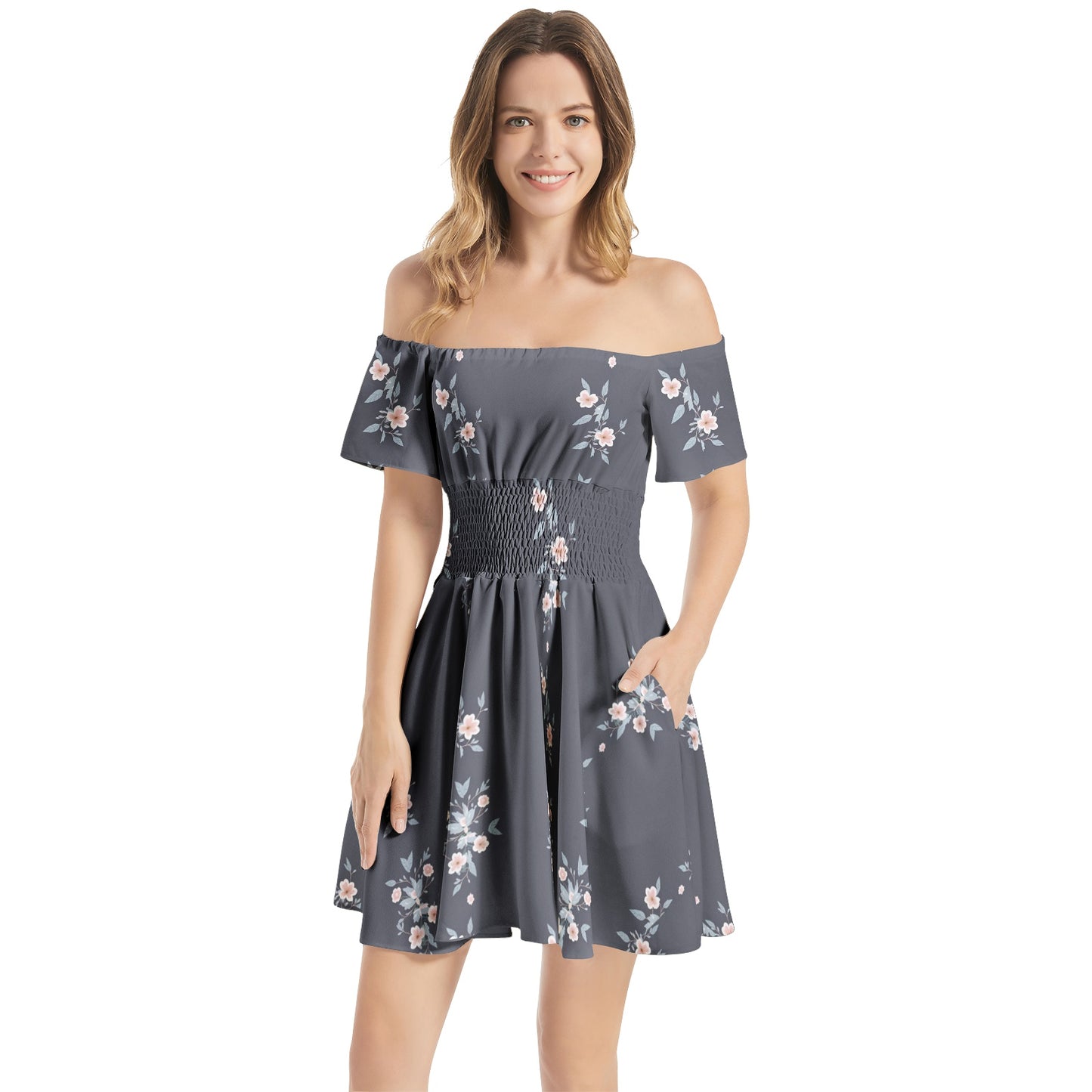 Off Shoulder Shirred Waist Flared Mini Dress