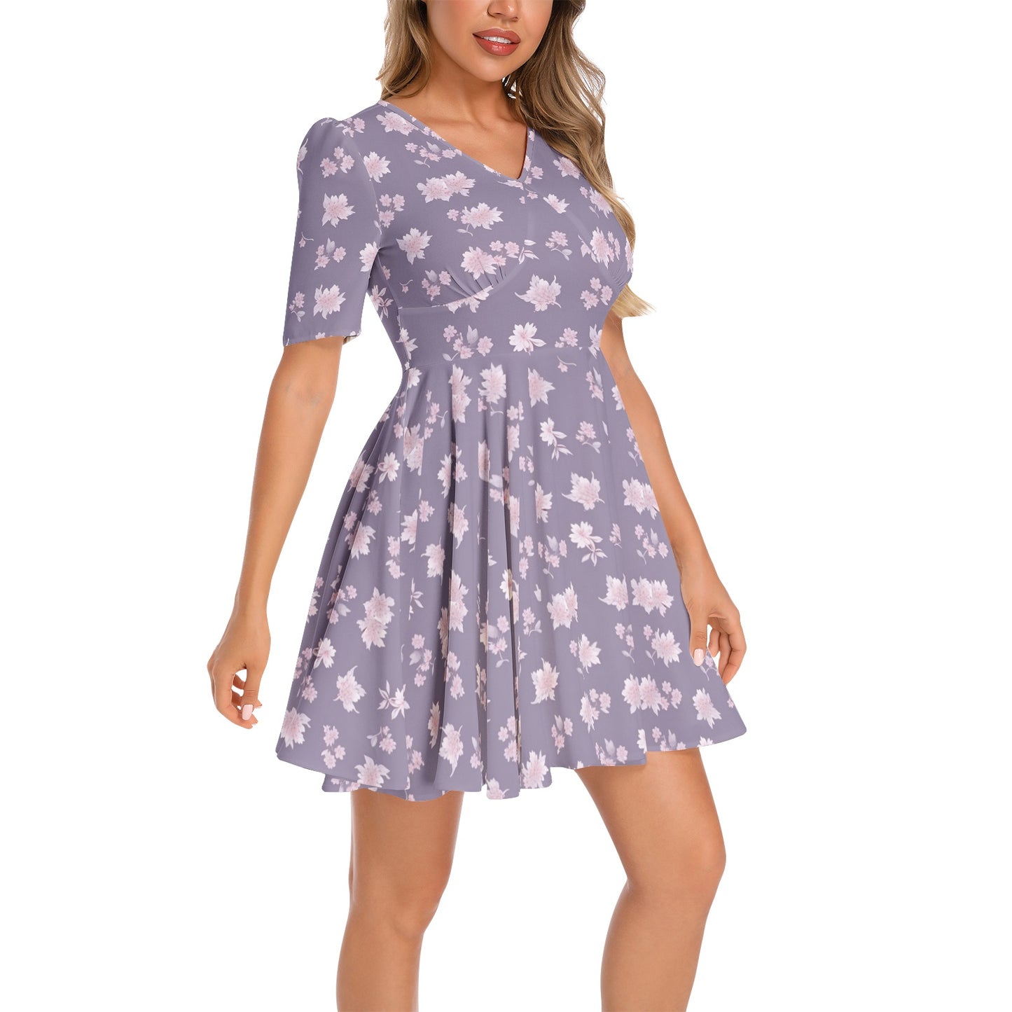 Short Sleeve Ruched Bust Flared Hem Dress