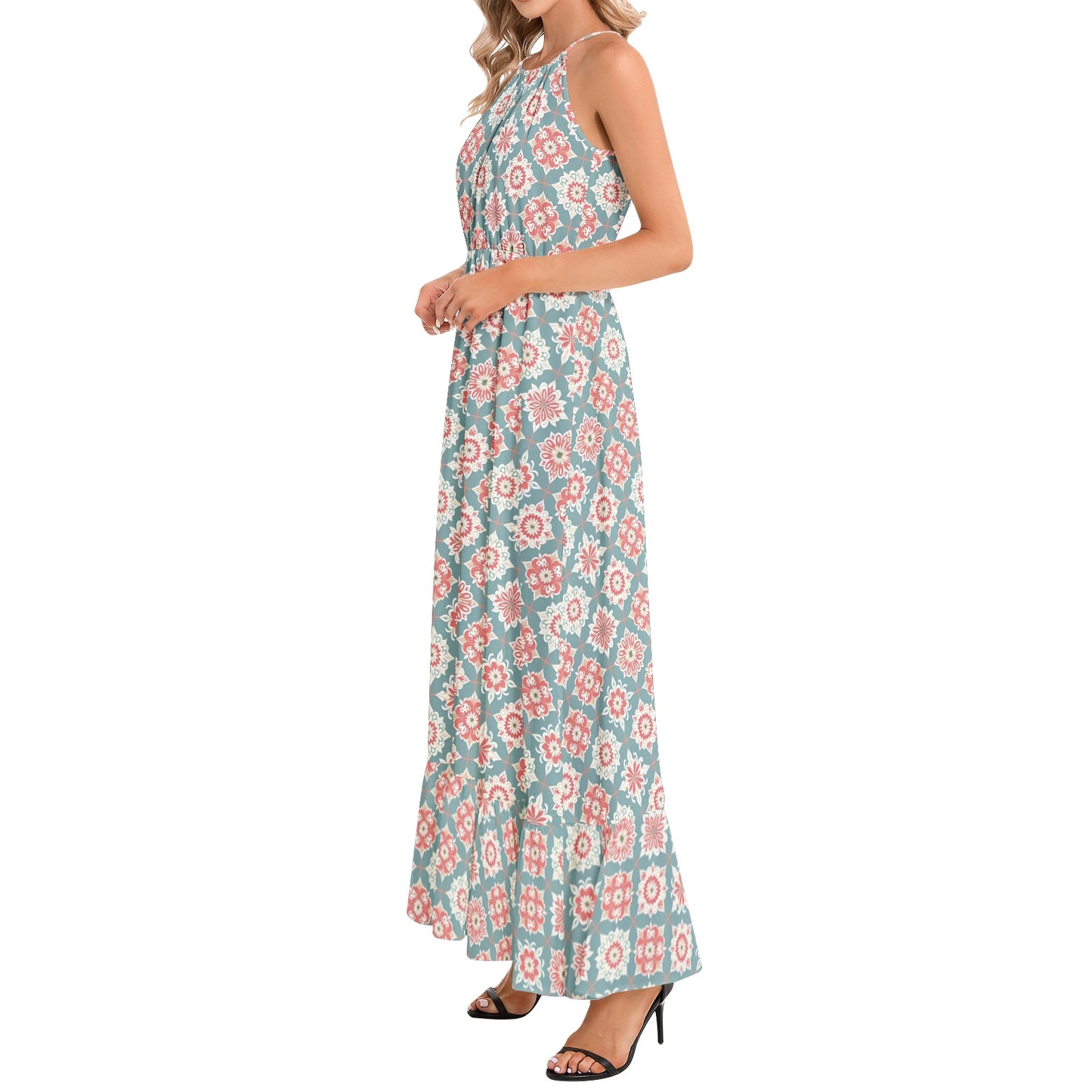 Ruffle Hem Halter Neck Maxi Dress