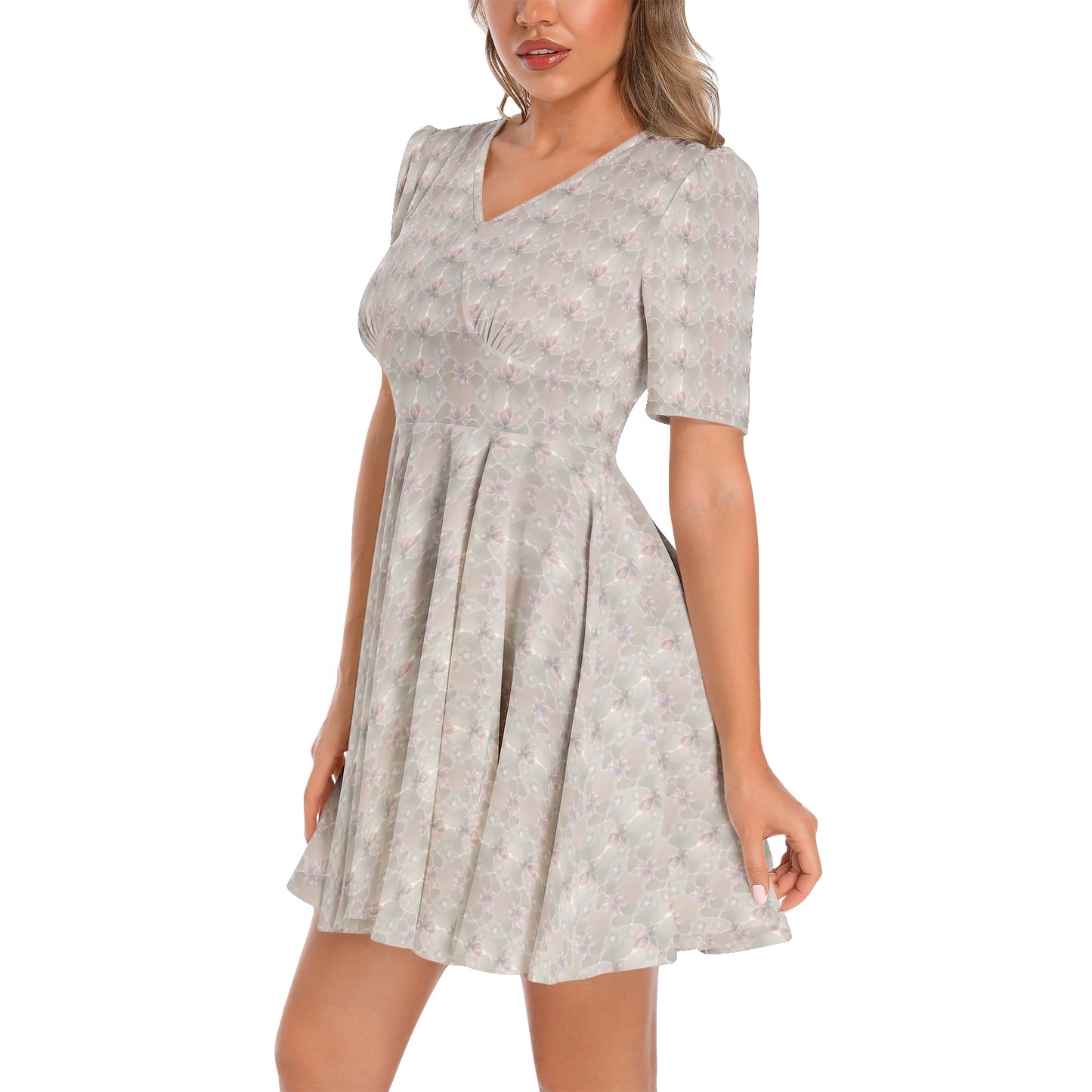 Short Sleeve Ruched Bust Flared Hem Dress