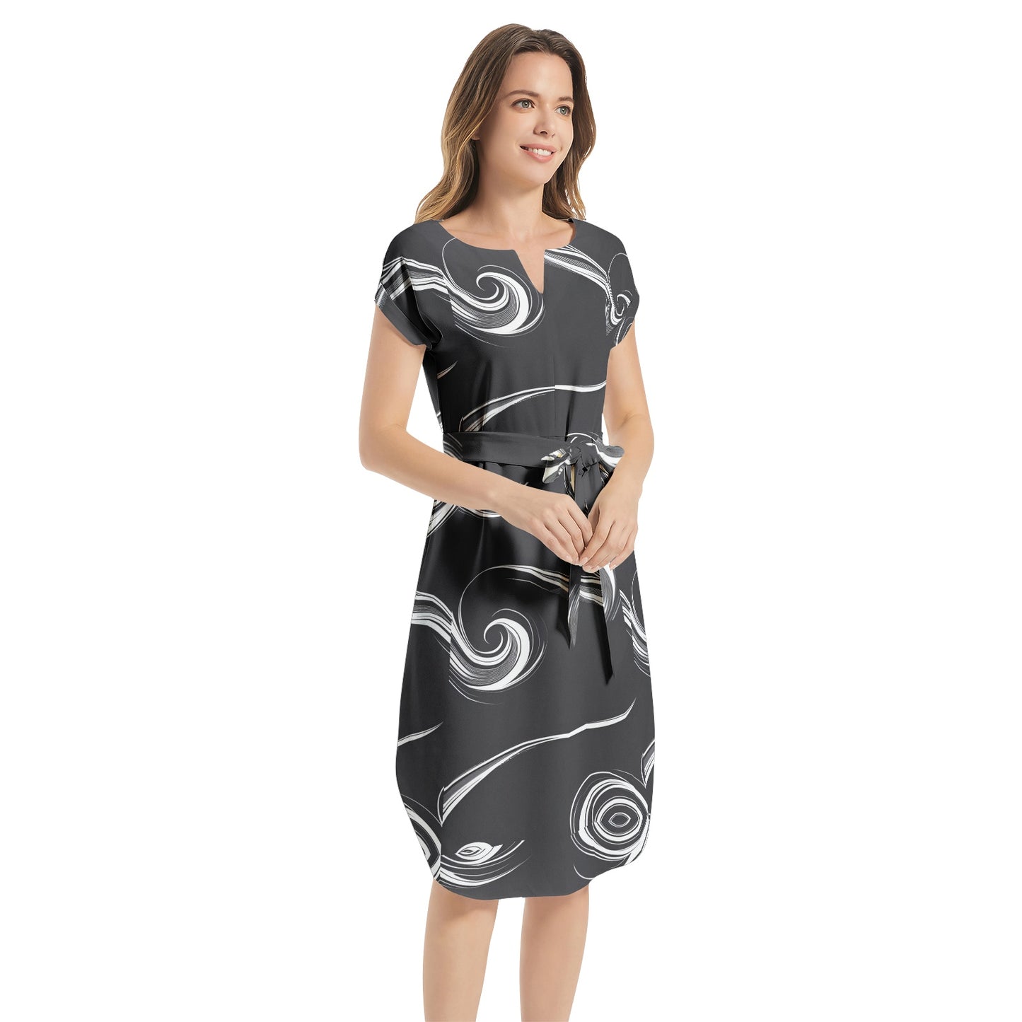 Notched Neck Belted Dress