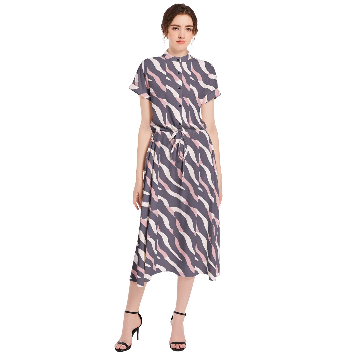 Drawstring Waist A-line Flared Midi Dress