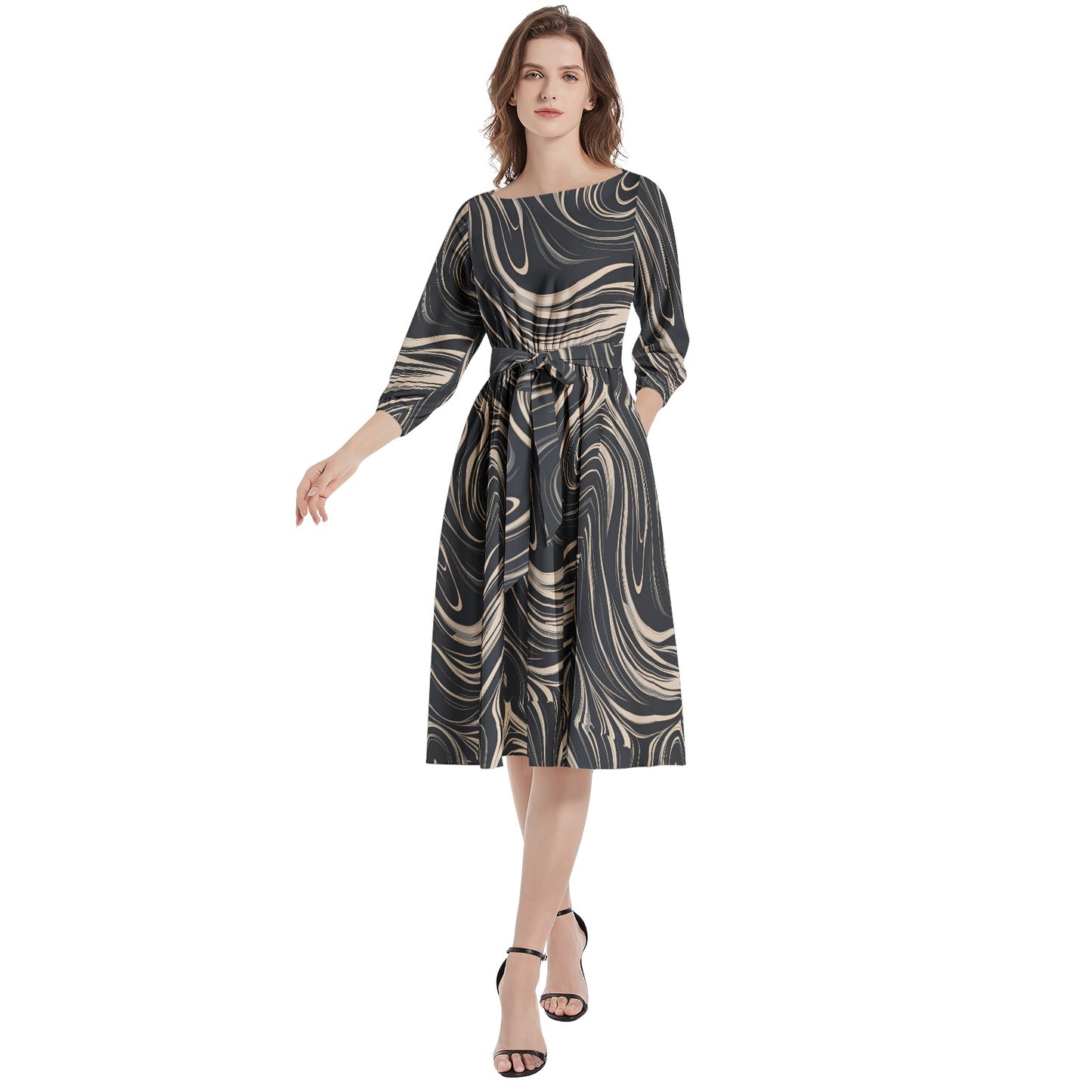 Boat Neck Belted Flared Dress