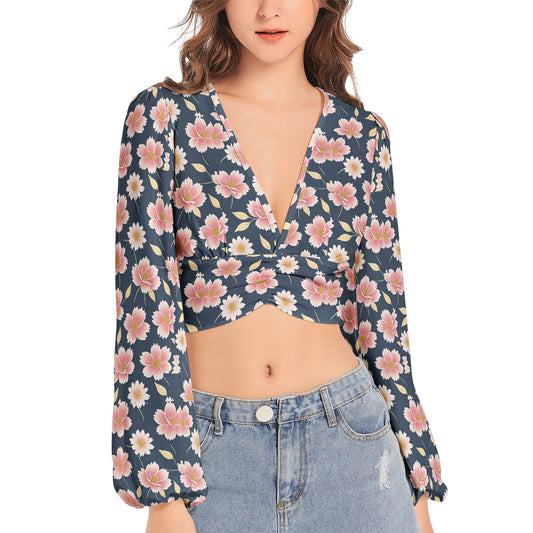 Women's Deep V-Neck Lantern Sleeve Crop Top