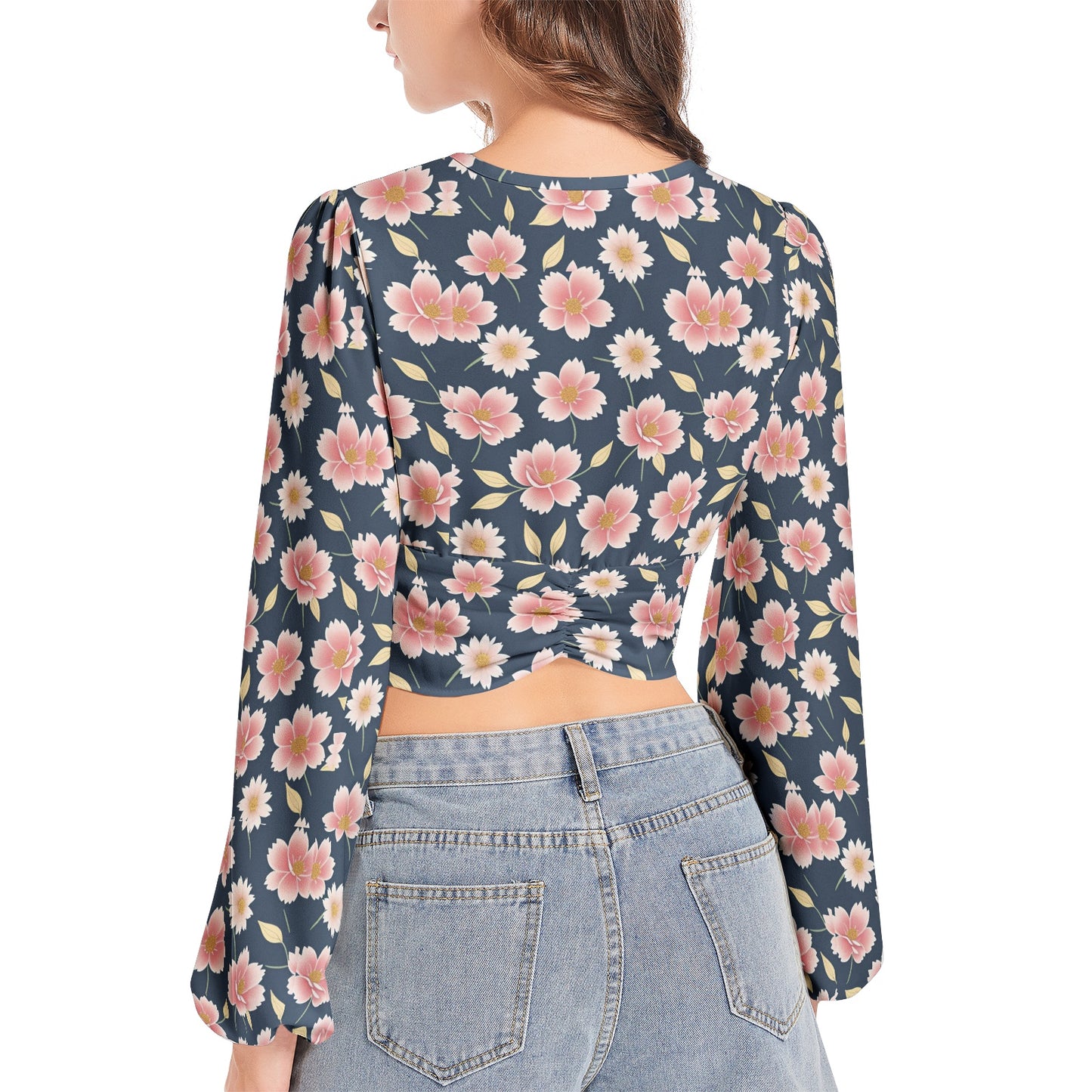 Women's Deep V-Neck Lantern Sleeve Crop Top