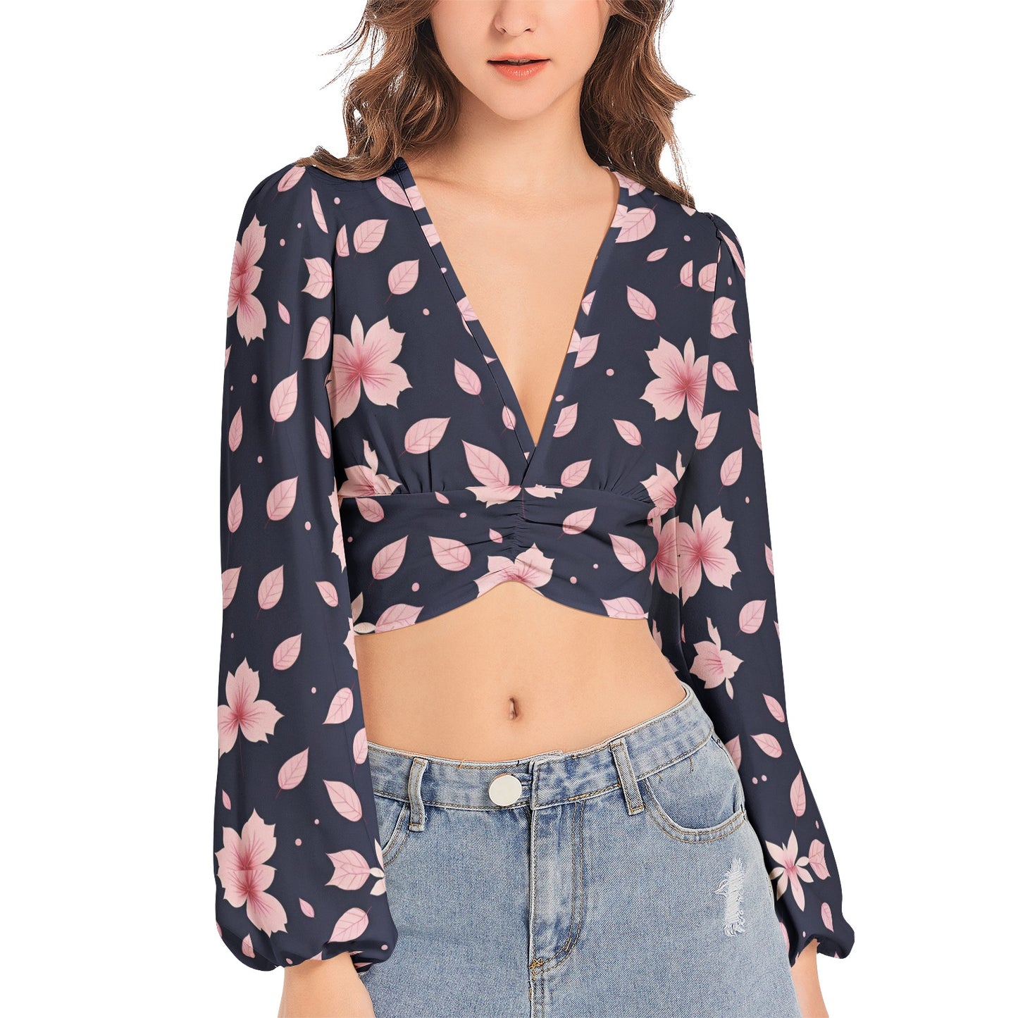 Women's Deep V-Neck Lantern Sleeve Crop Top