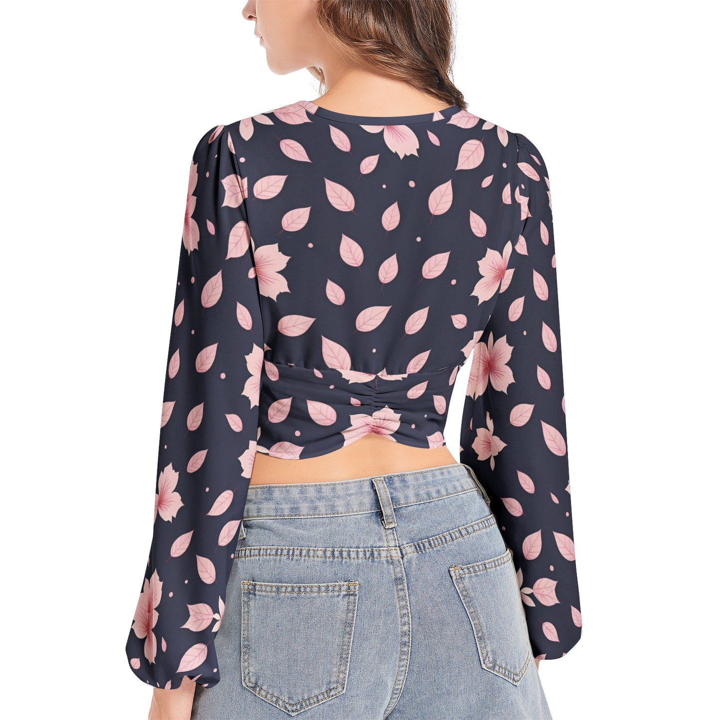 Women's Deep V-Neck Lantern Sleeve Crop Top