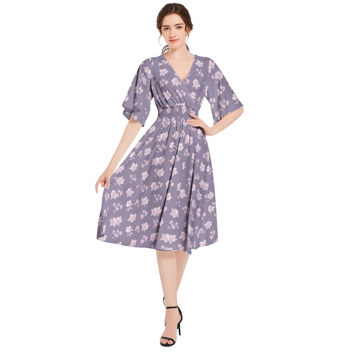 Butterfly Sleeve Shirred High Waist A Line Midi Dress