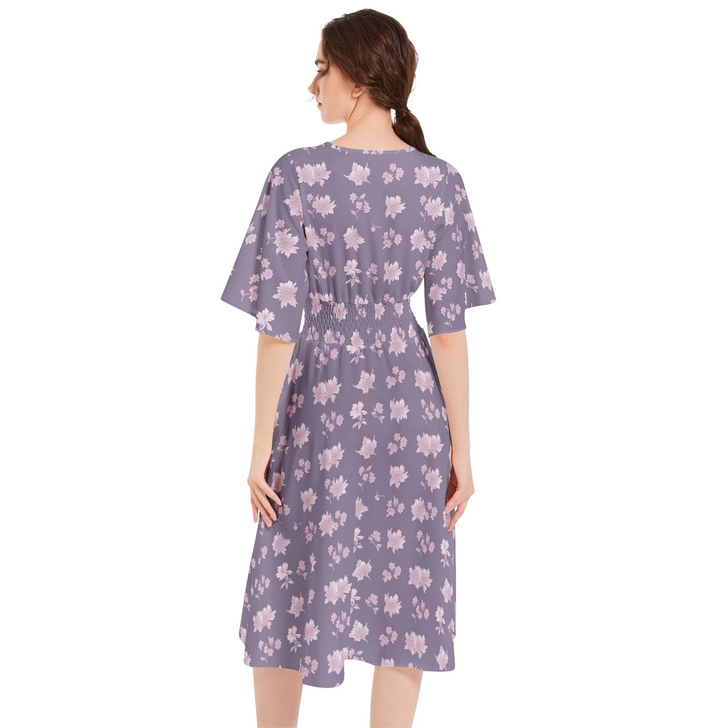 Butterfly Sleeve Shirred High Waist A Line Midi Dress