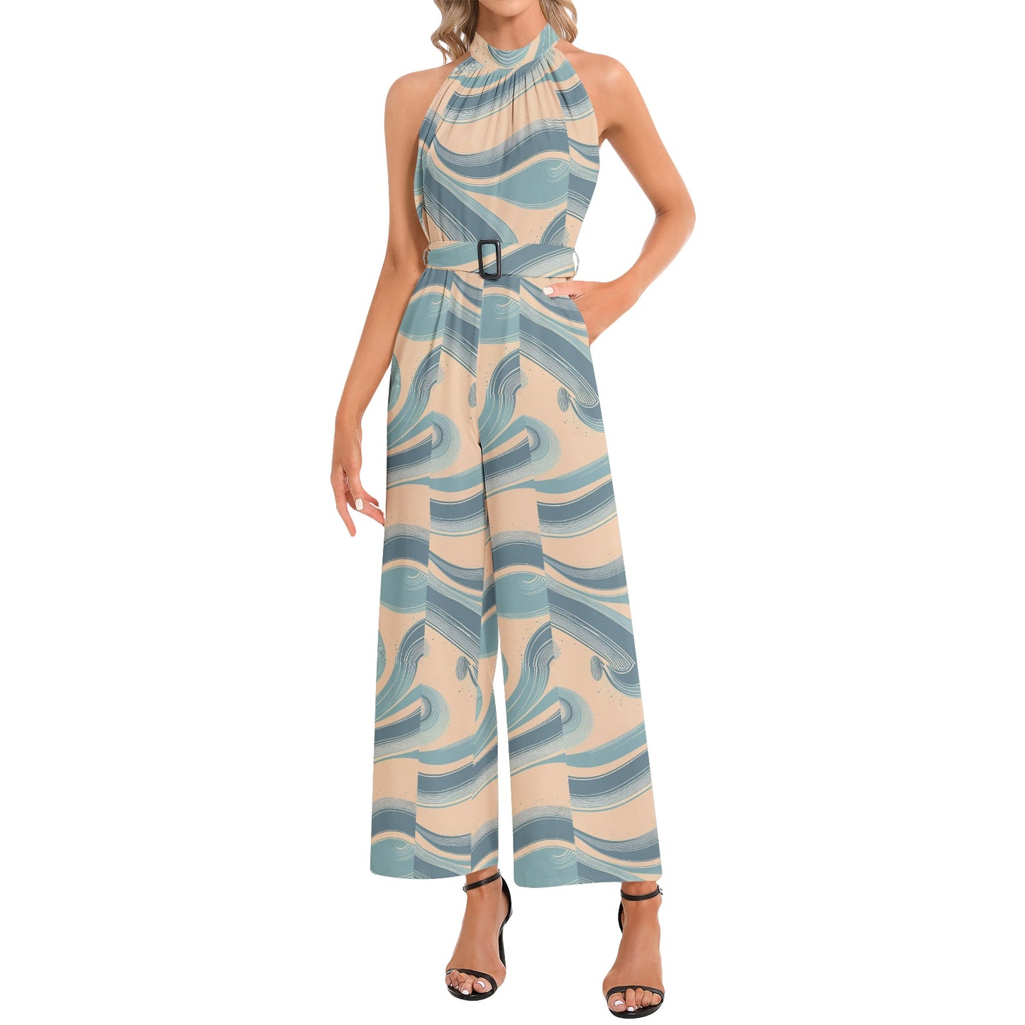 Halter Neck Buckle Belted Jumpsuit