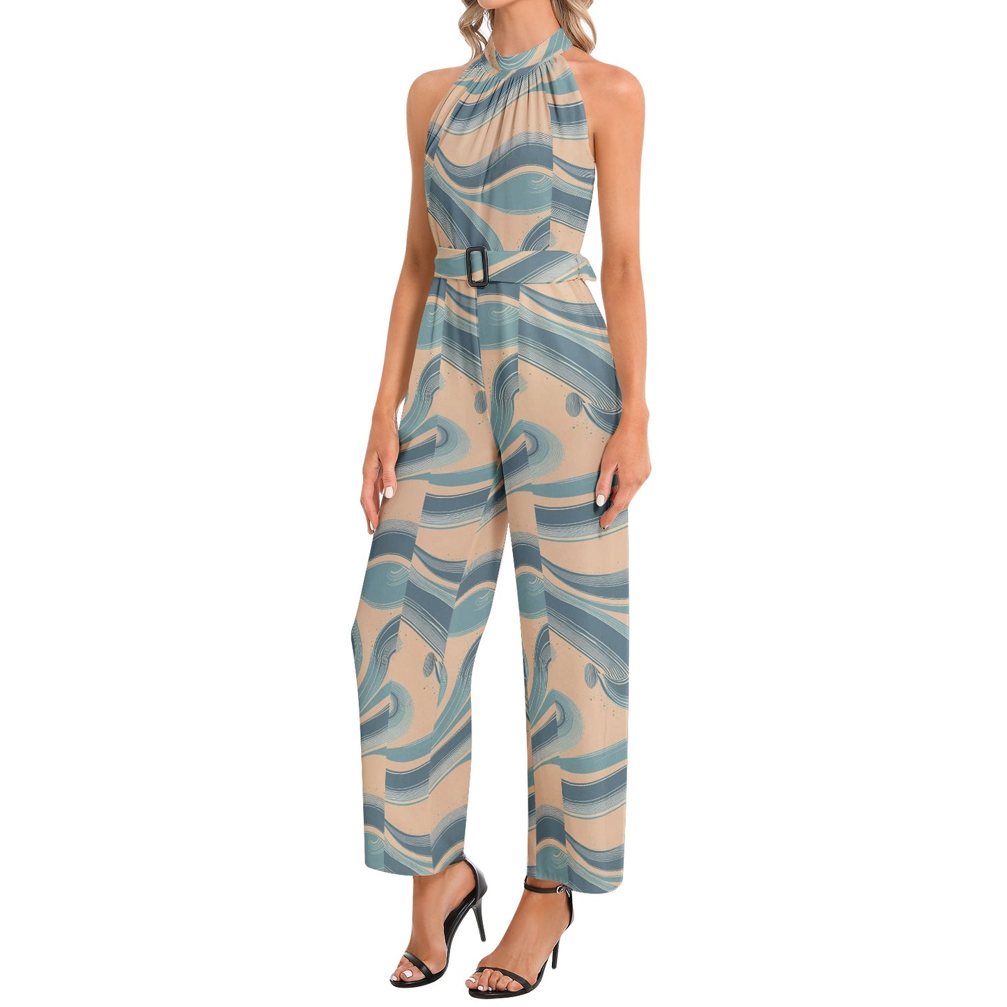 Halter Neck Buckle Belted Jumpsuit