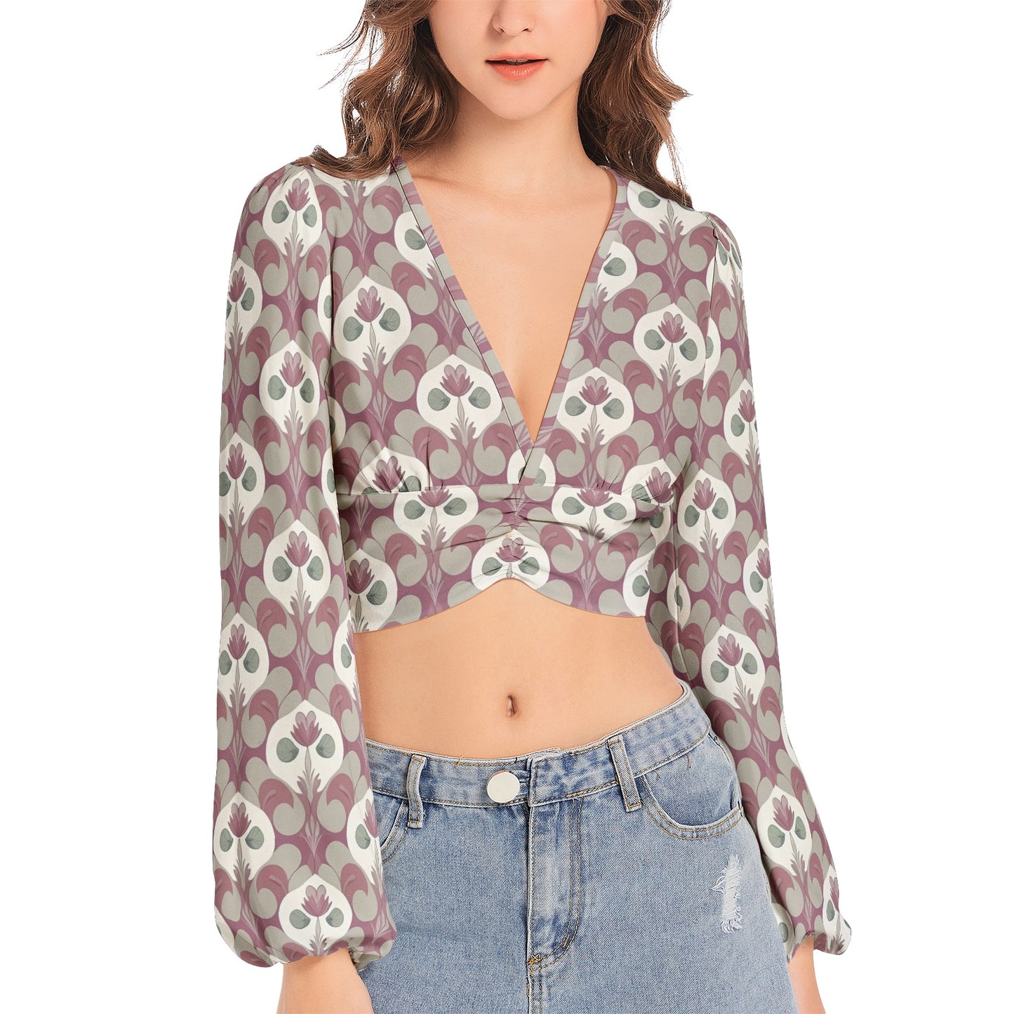 Women's Deep V-Neck Lantern Sleeve Crop Top