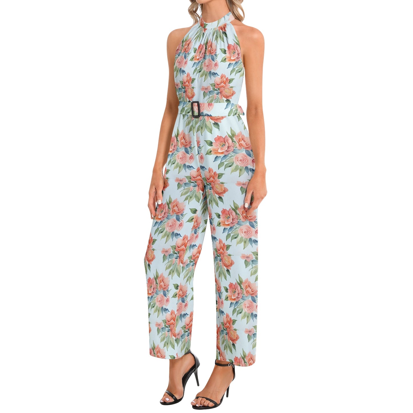 Halter Neck Buckle Belted Jumpsuit