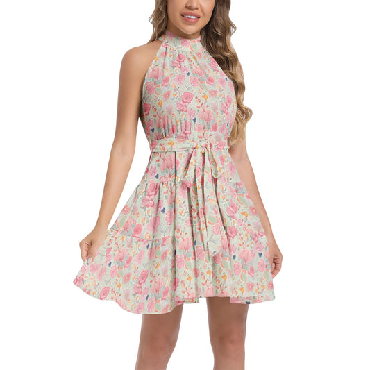 Ruffle Hem Belted Halter Dress