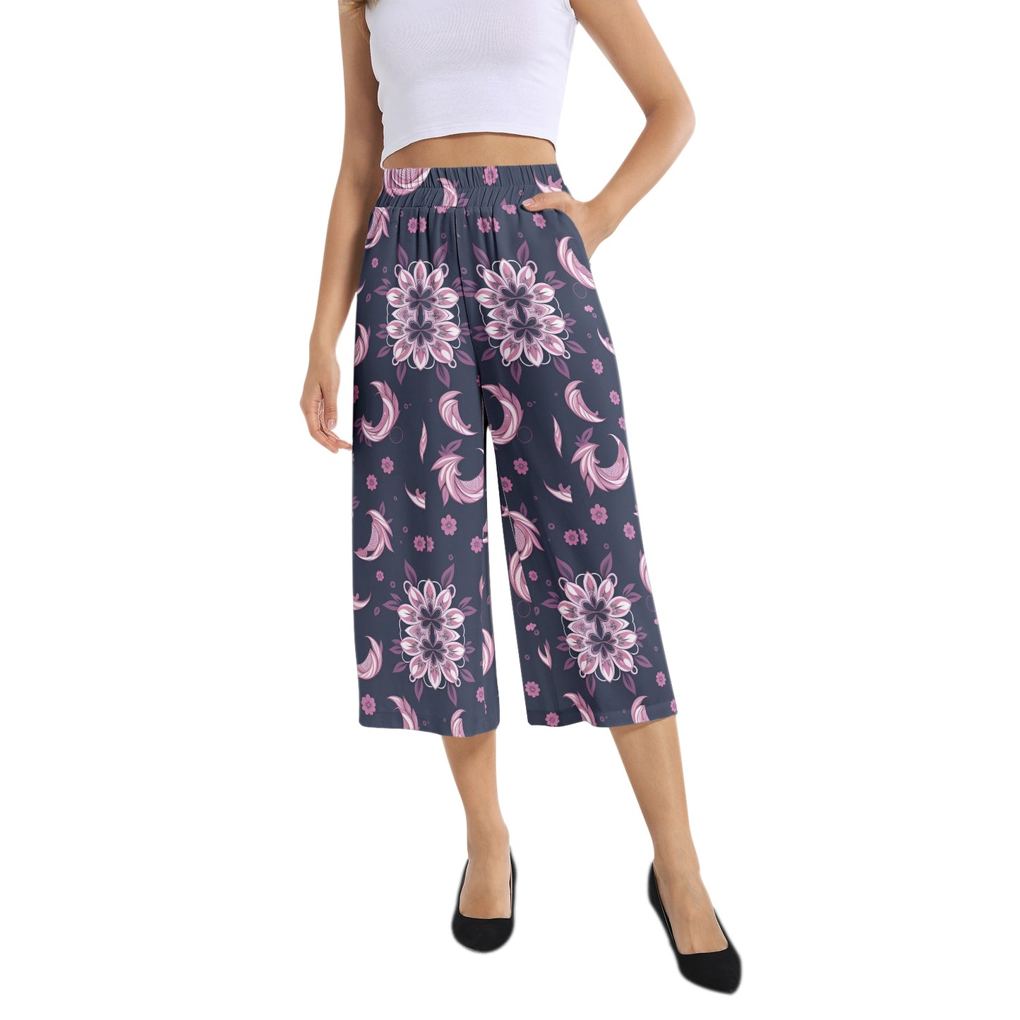 Elastic Waist Capris Wide Leg Pant