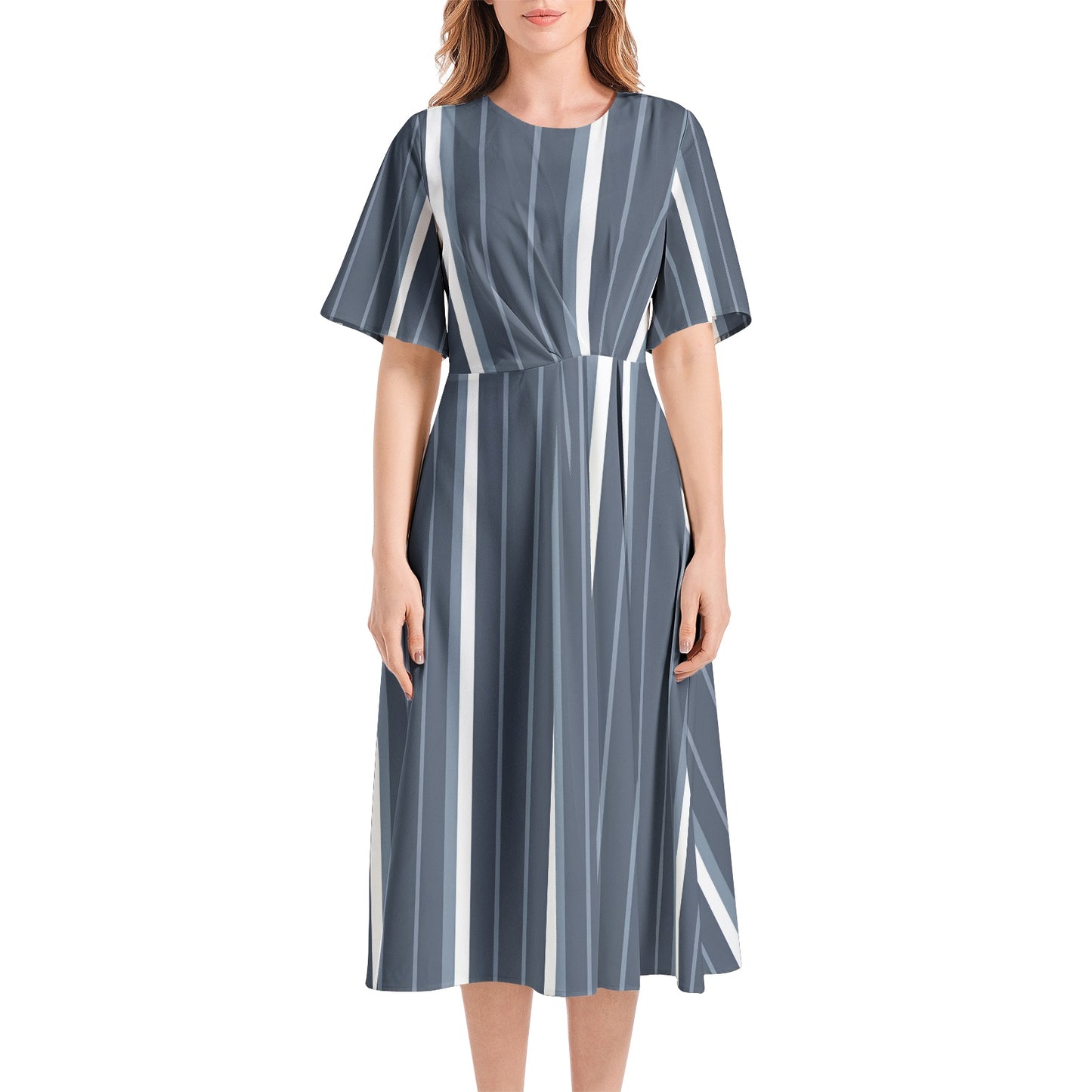 Short Sleeve Waist Folding Midi Dress