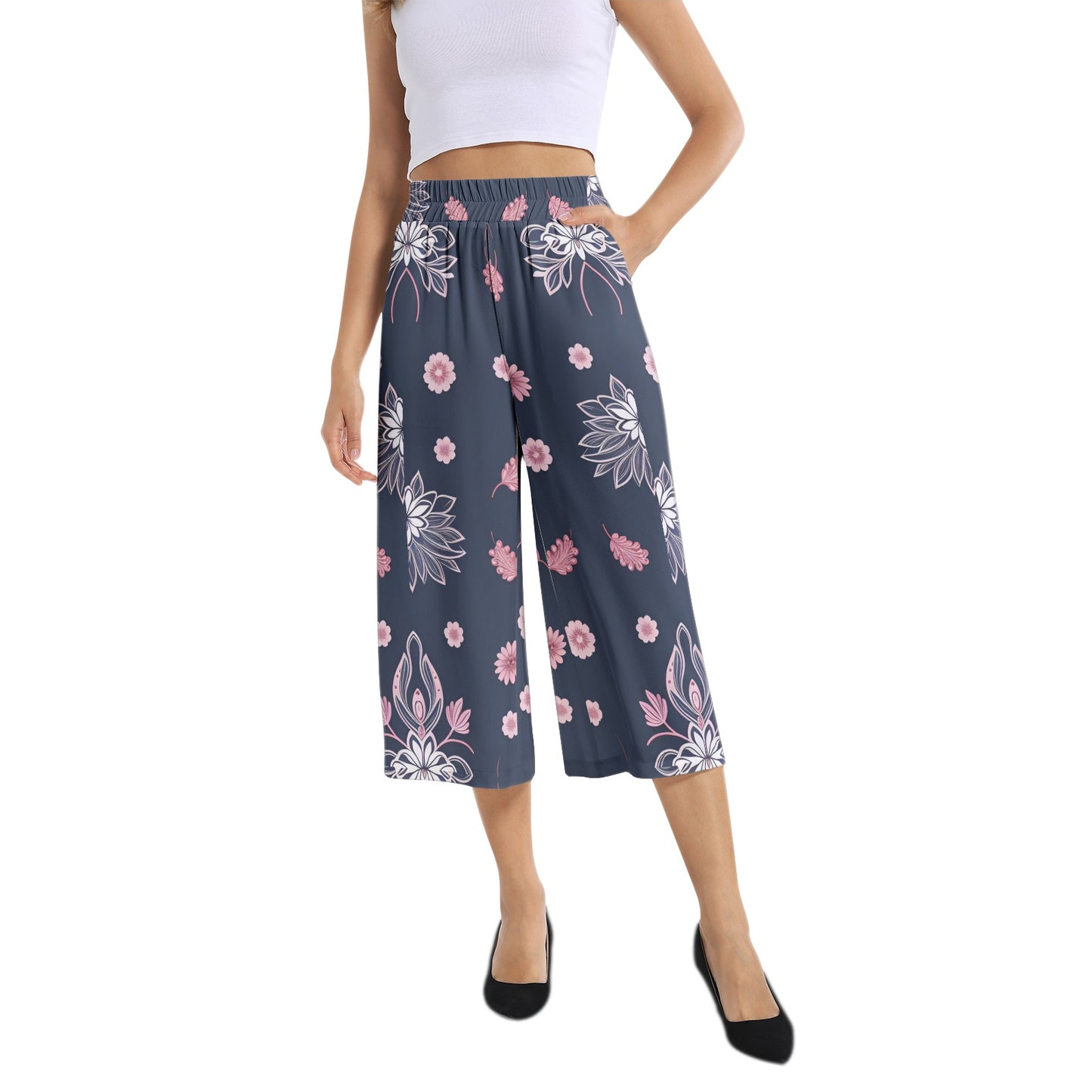 Elastic Waist Capris Wide Leg Pant