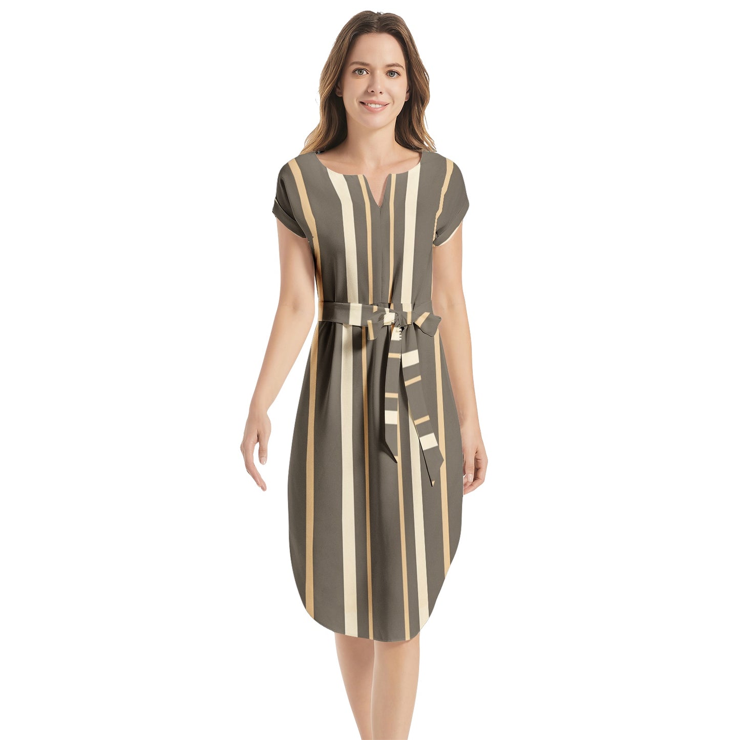 Notched Neck Belted Dress