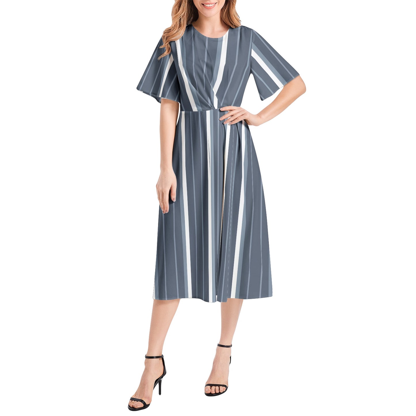 Short Sleeve Waist Folding Midi Dress