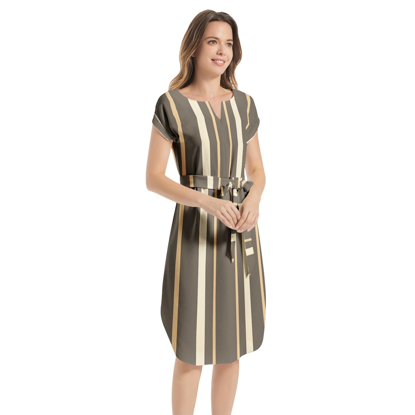 Notched Neck Belted Dress