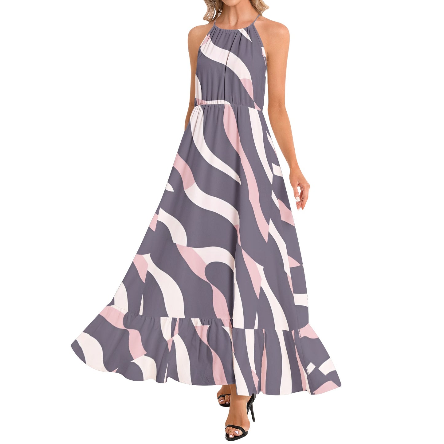 Ruffle Hem Halter Neck Maxi Dress