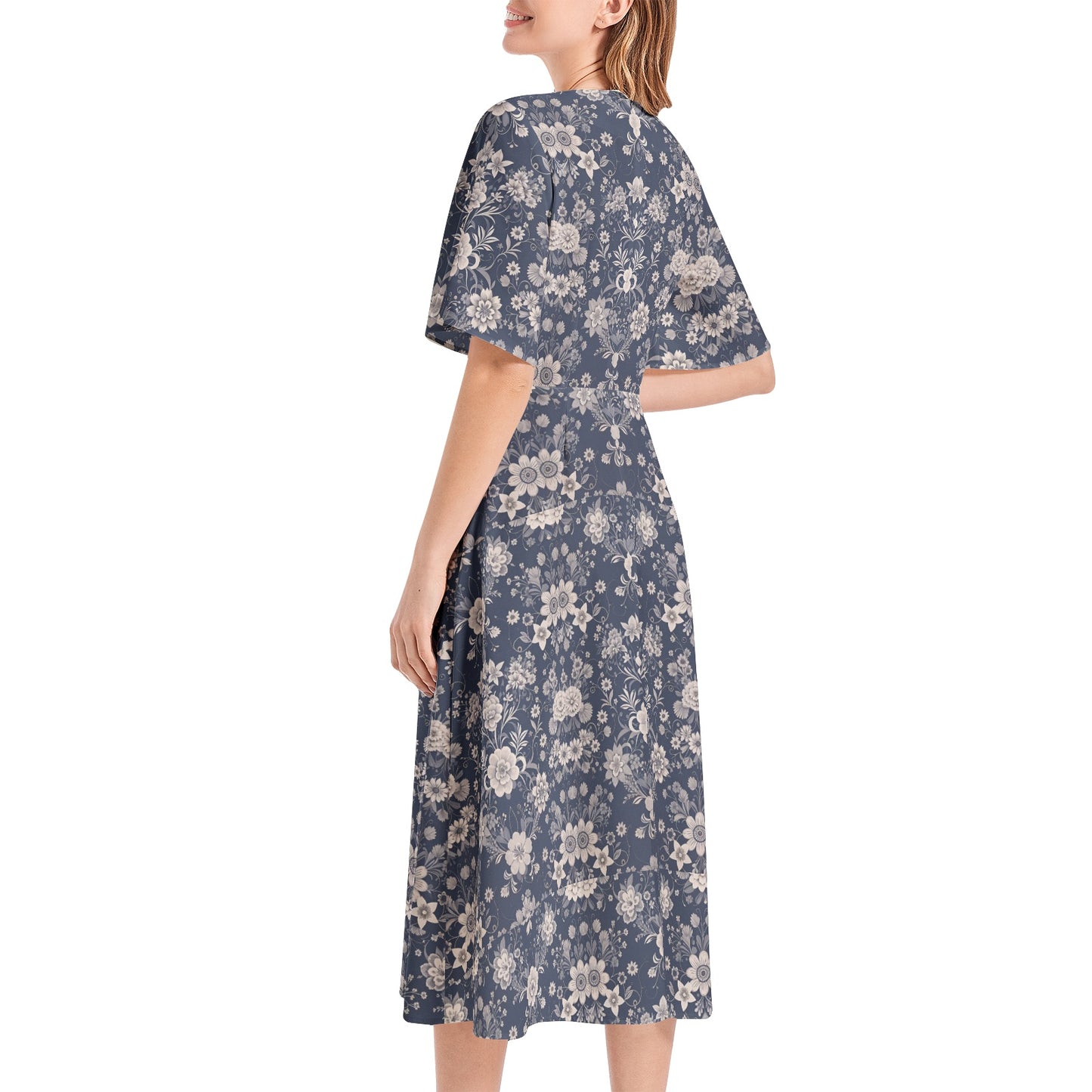 Short Sleeve Waist Folding Midi Dress