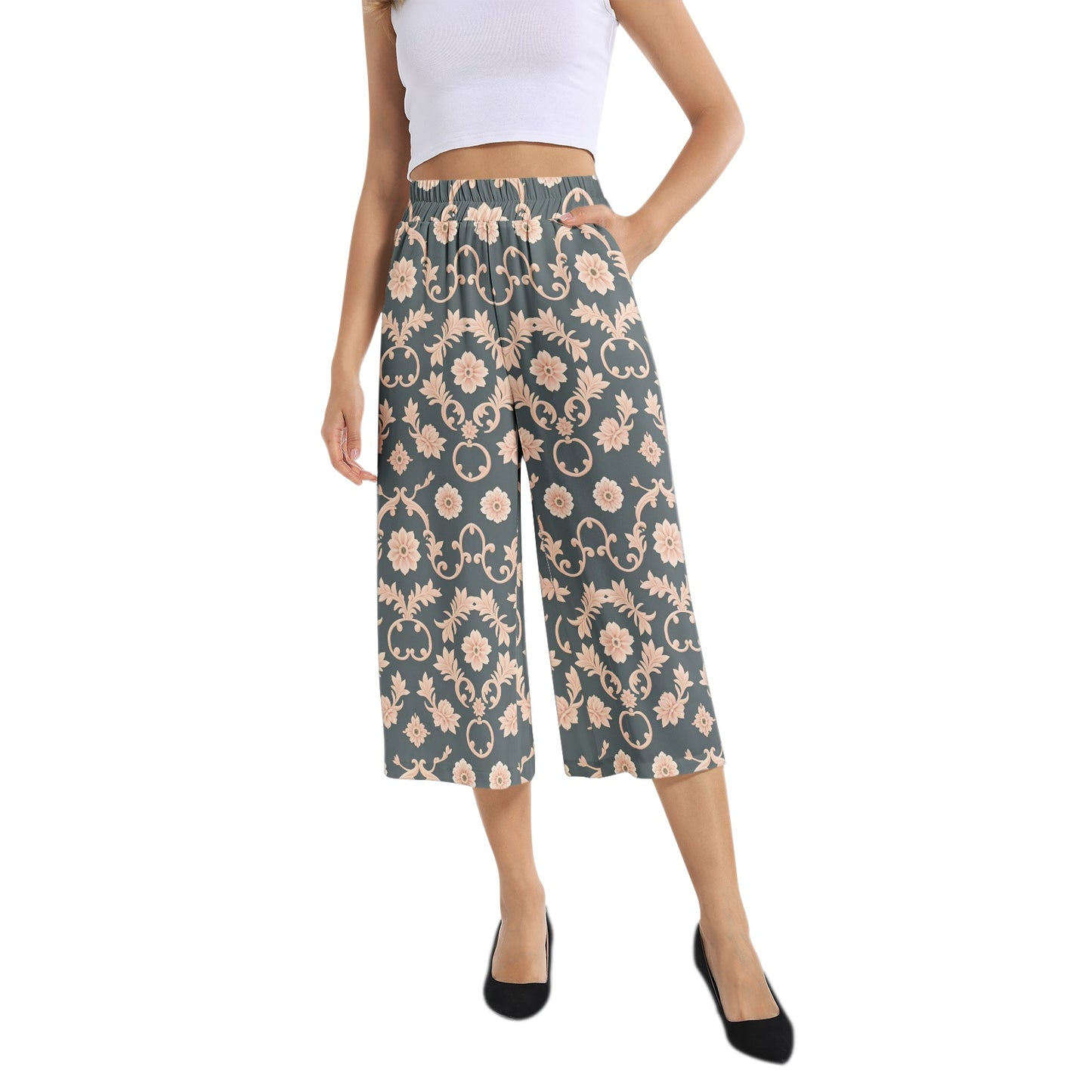 Elastic Waist Capris Wide Leg Pant