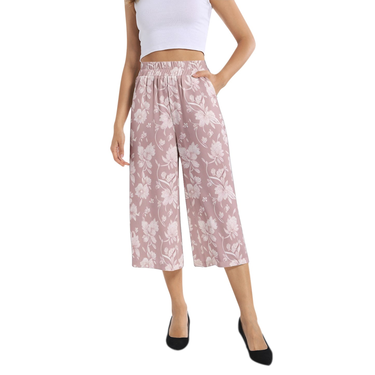 Elastic Waist Capris Wide Leg Pant