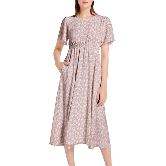 Short Sleeve Shirred Waist Midi Dress