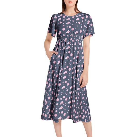 Short Sleeve Shirred Waist Midi Dress